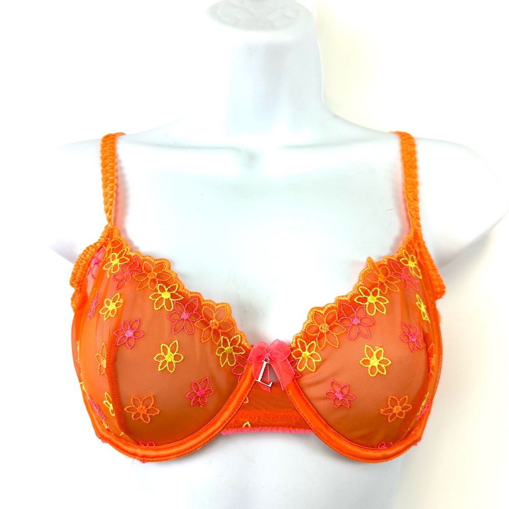 Lounge Neon Orange Balcony Bra 34D floral sheer underwire NWOT